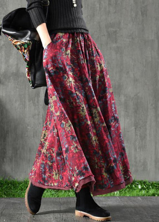 Women Velour Red Floral Skirt Maxi Length -  - DINIBLO 