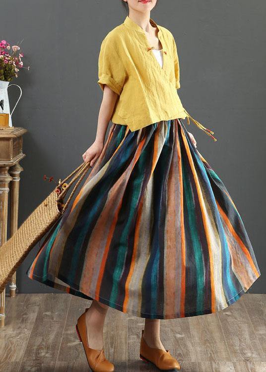 Women Striped A Line Retro Print Skirts Linen - Skirts - DINIBLO 