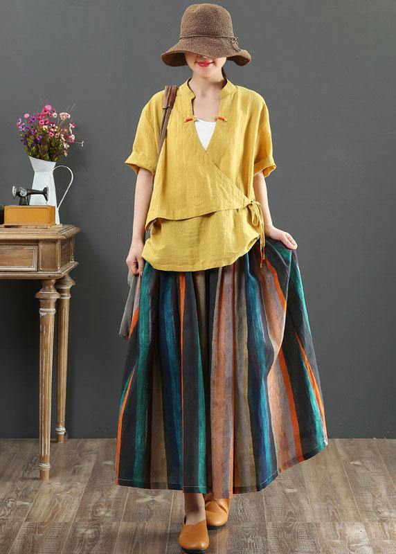 Women Striped A Line Retro Print Skirts Linen - Skirts - DINIBLO 