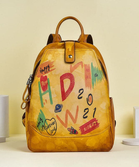 Women Yellow Graffiti Paitings Calf Leather Backpack Bag - Backpack Bag - DINIBLO 