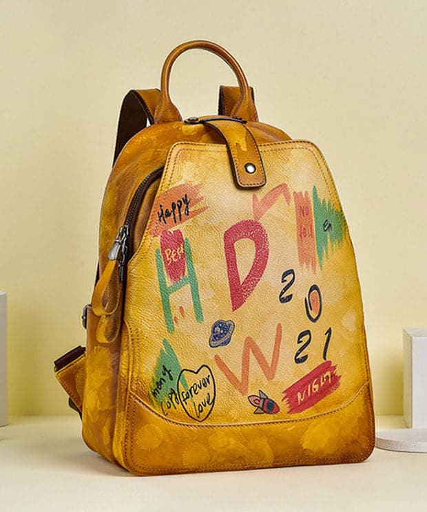 Women Yellow Graffiti Paitings Calf Leather Backpack Bag - Backpack Bag - DINIBLO 