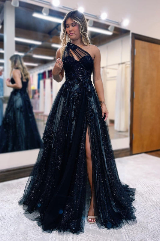 A Line One Shoulder Black Long Prom Dress with Appliques - Prom Dress - DINIBLO 