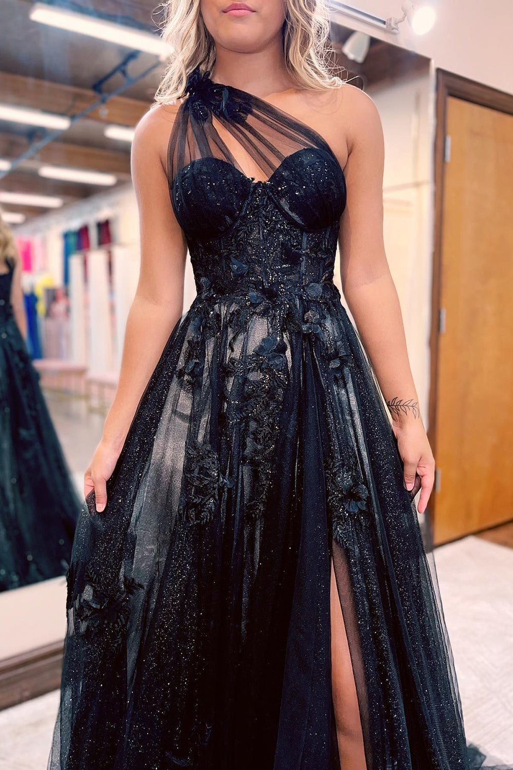 A Line One Shoulder Black Long Prom Dress with Appliques - Prom Dress - DINIBLO 