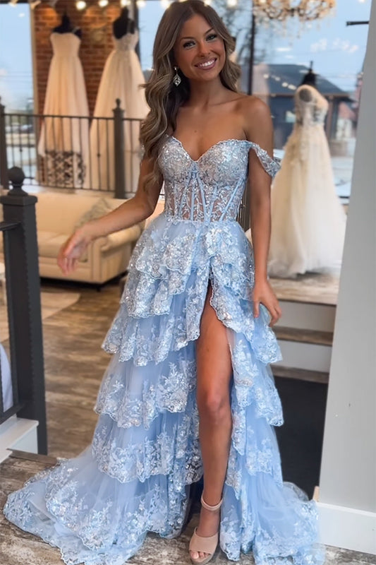 Princess A Line Off the Shoulder Corset Prom Dress with Lace Ruffles - Prom Dress - DINIBLO 