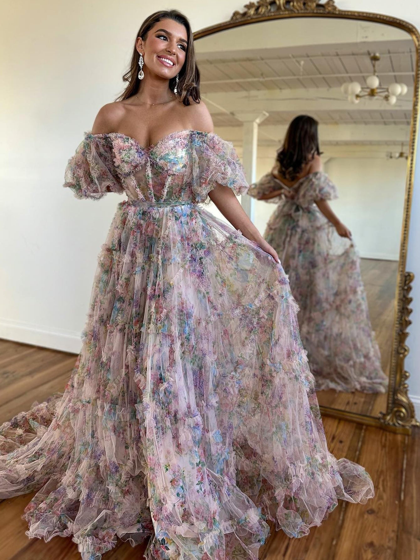 Sydney |A Line Off The Shoulder Floral Tulle Prom Dress - Prom Dress - DINIBLO 