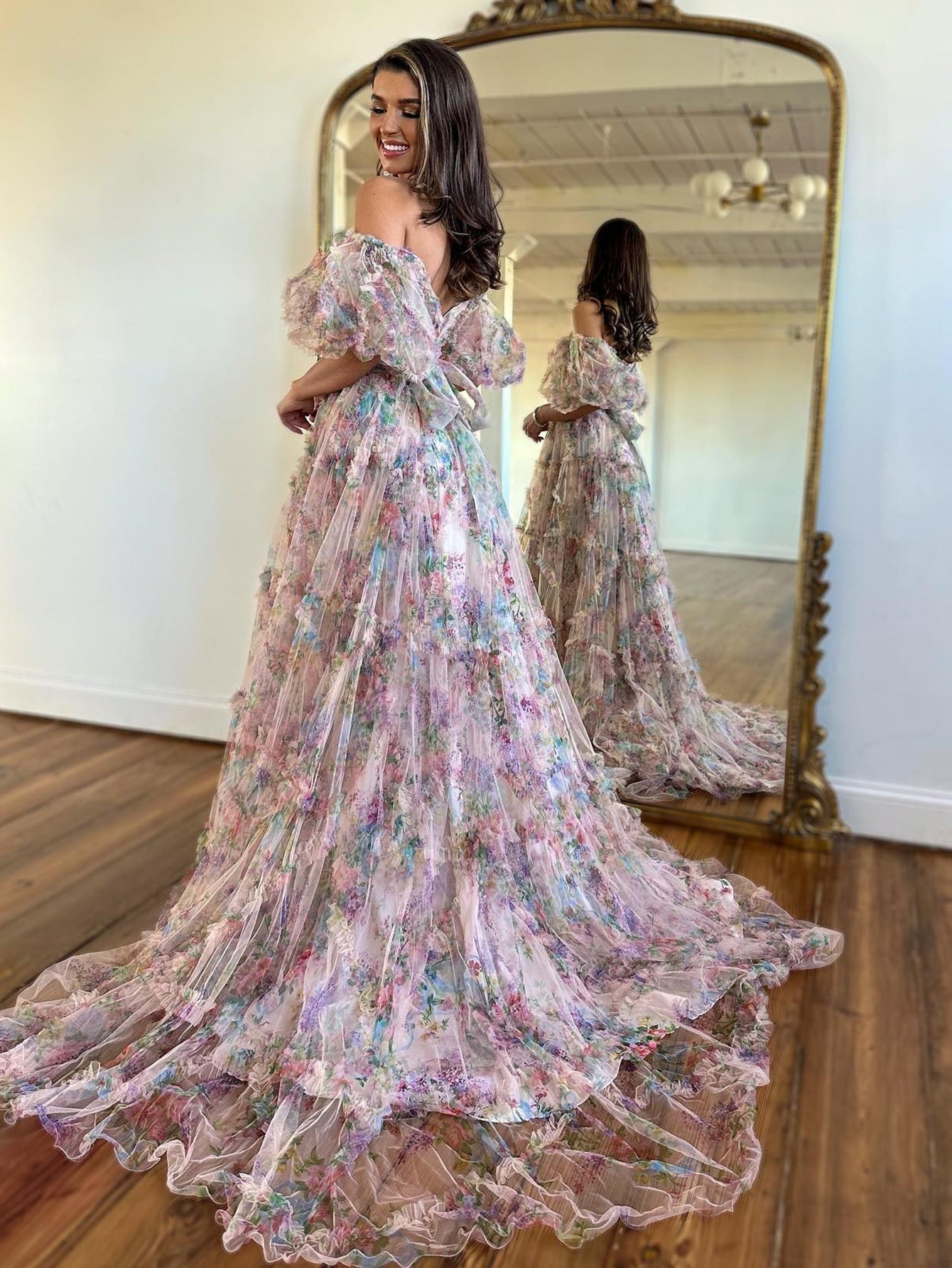 Sydney |A Line Off The Shoulder Floral Tulle Prom Dress - Prom Dress - DINIBLO 