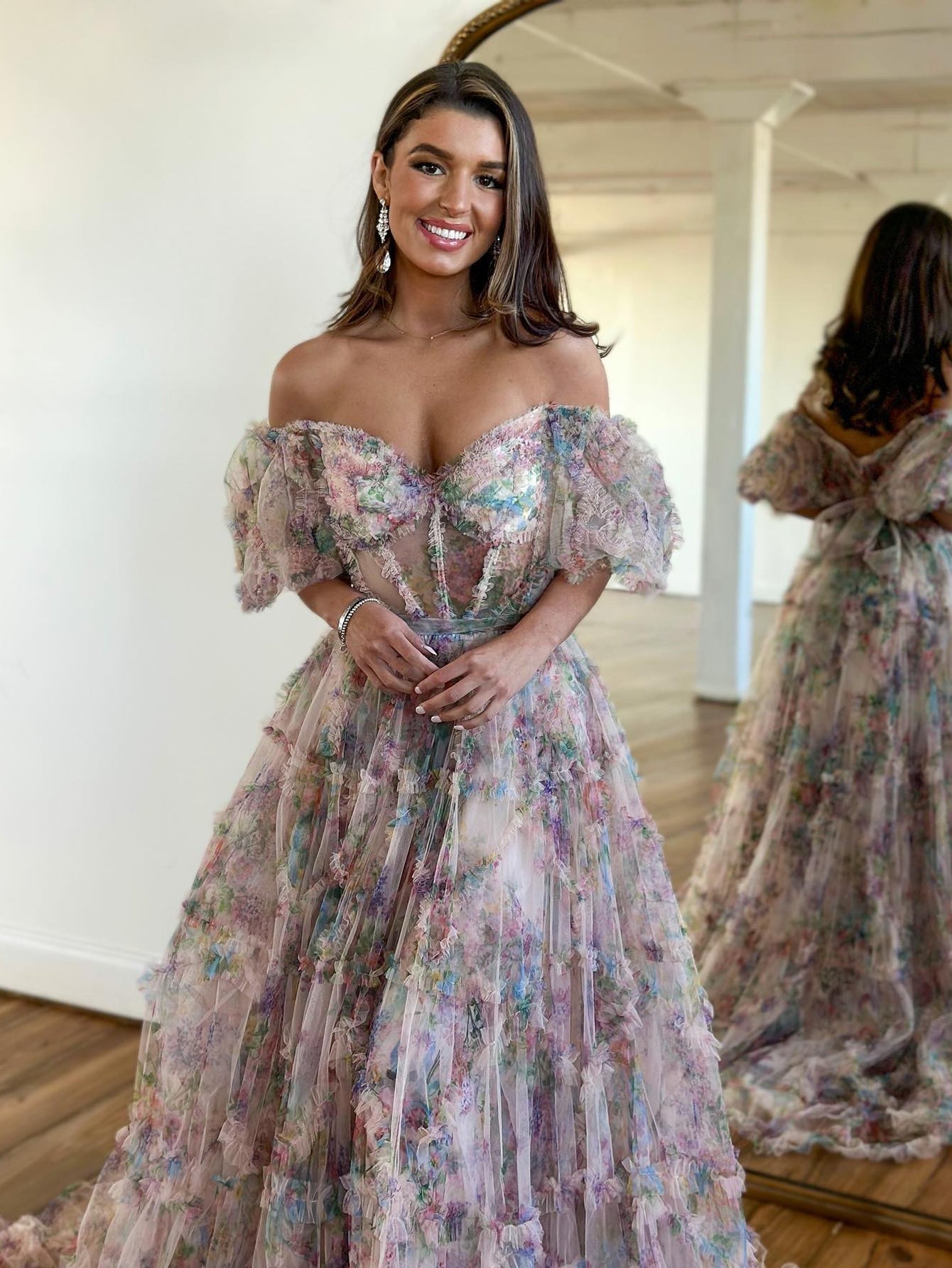 Sydney |A Line Off The Shoulder Floral Tulle Prom Dress - Prom Dress - DINIBLO 