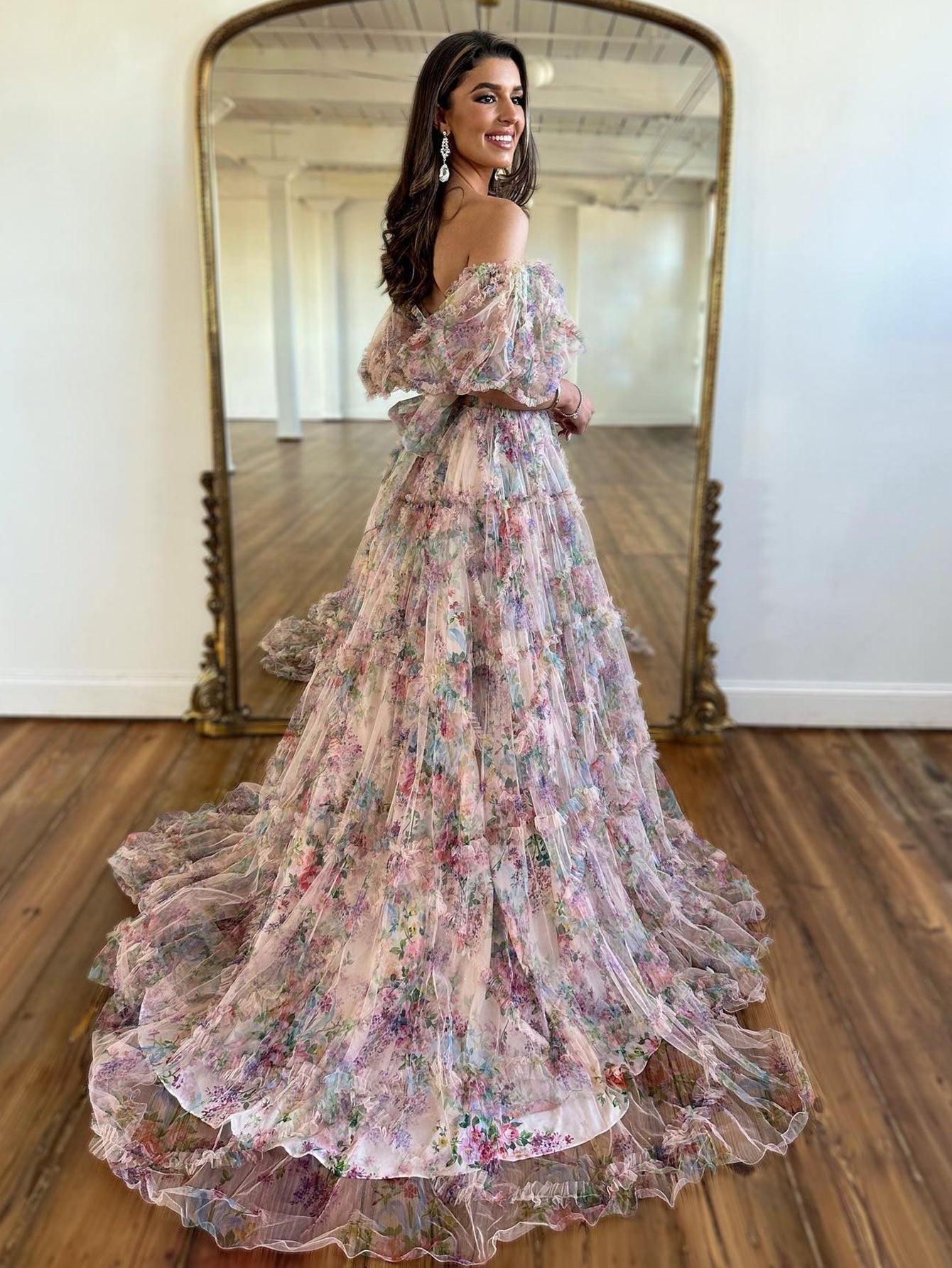 Sydney |A Line Off The Shoulder Floral Tulle Prom Dress - Prom Dress - DINIBLO 