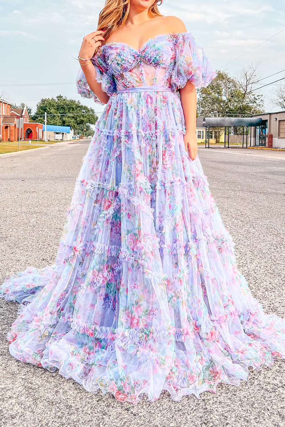 Sydney |A Line Off The Shoulder Floral Tulle Prom Dress - Prom Dress - DINIBLO 