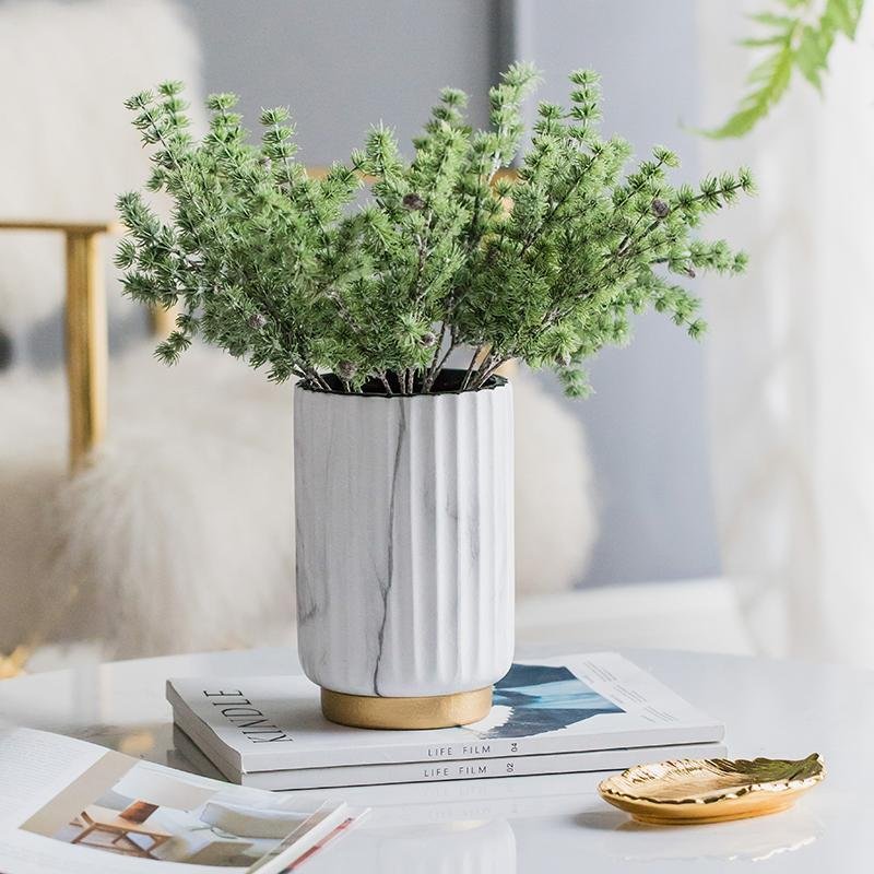 Ceramic Cylinder White  Flower Vases with Marbled Vertical Edge Pattern - Home Decor > Home Accessories > Vases - DINIBLO 