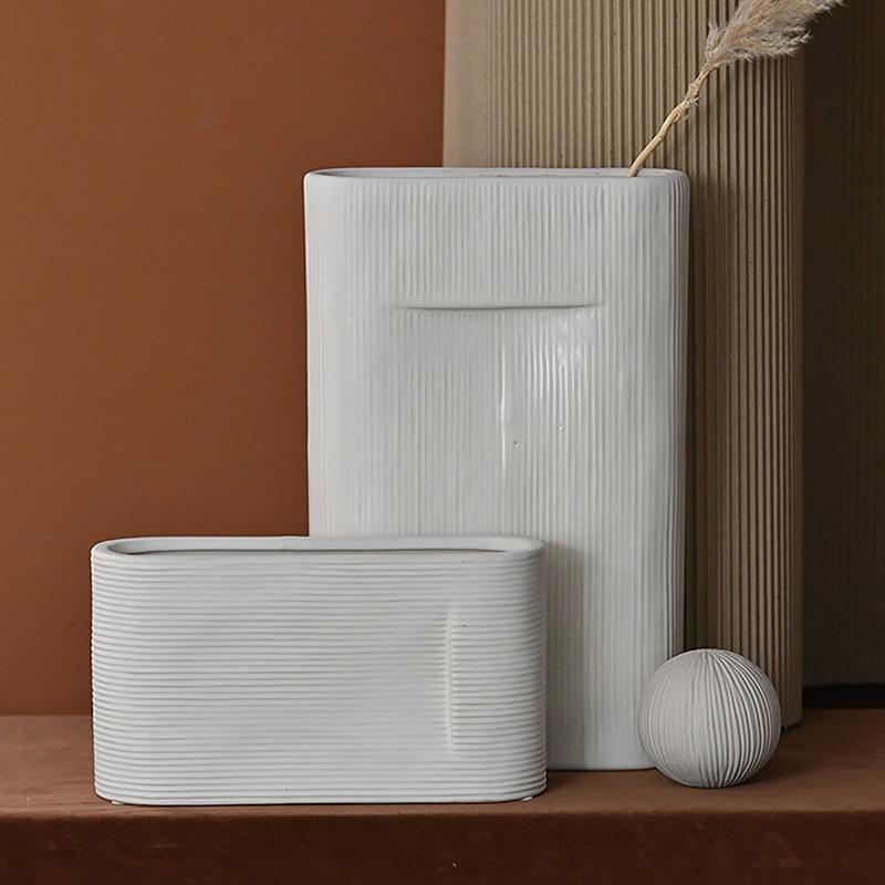 2- Piece Oval White Stripe Ceramic Flower Vases - Home Decor > Home Accessories > Vases - DINIBLO 