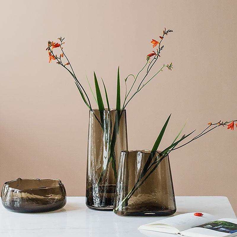 Brown Cylinder Table Glass Vases with Plum Blossom Wide Mouth - Home Decor > Home Accessories > Vases - DINIBLO 