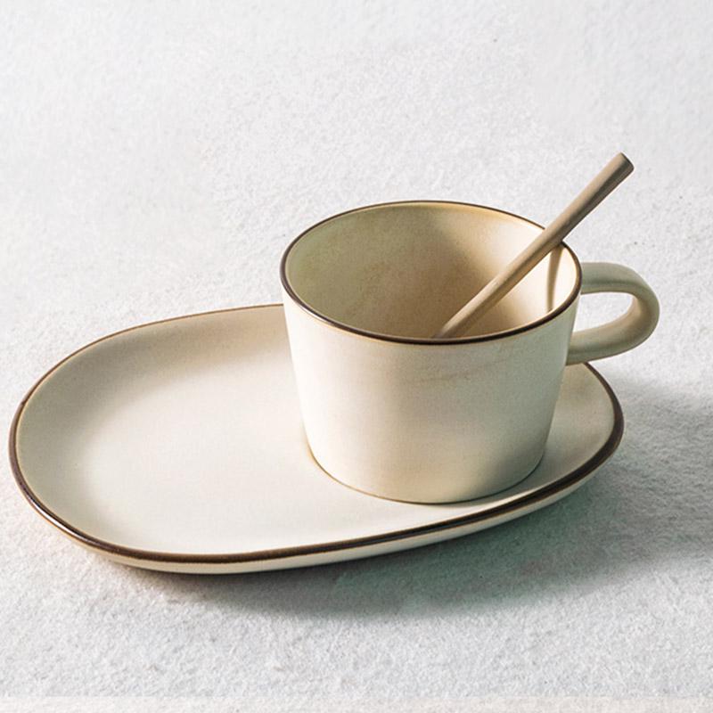 White Stoneware Mug Coffee Cup Teacup with Oval Rectangle Saucer - Home Decor > Storage Containers > Cups & Bowls & Spoons - DINIBLO 