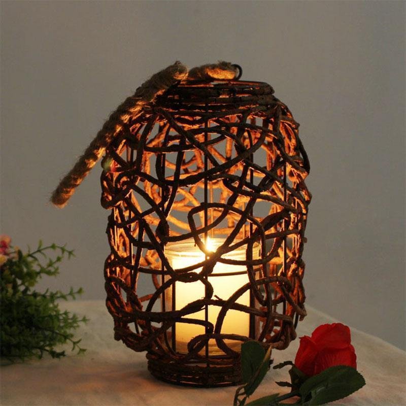 Farmhouse Vintage Garden Floor Wicker Woven Lantern with Sing Rope Handle - Home Decor > Candle holders & Lanterns > Lanterns - DINIBLO 