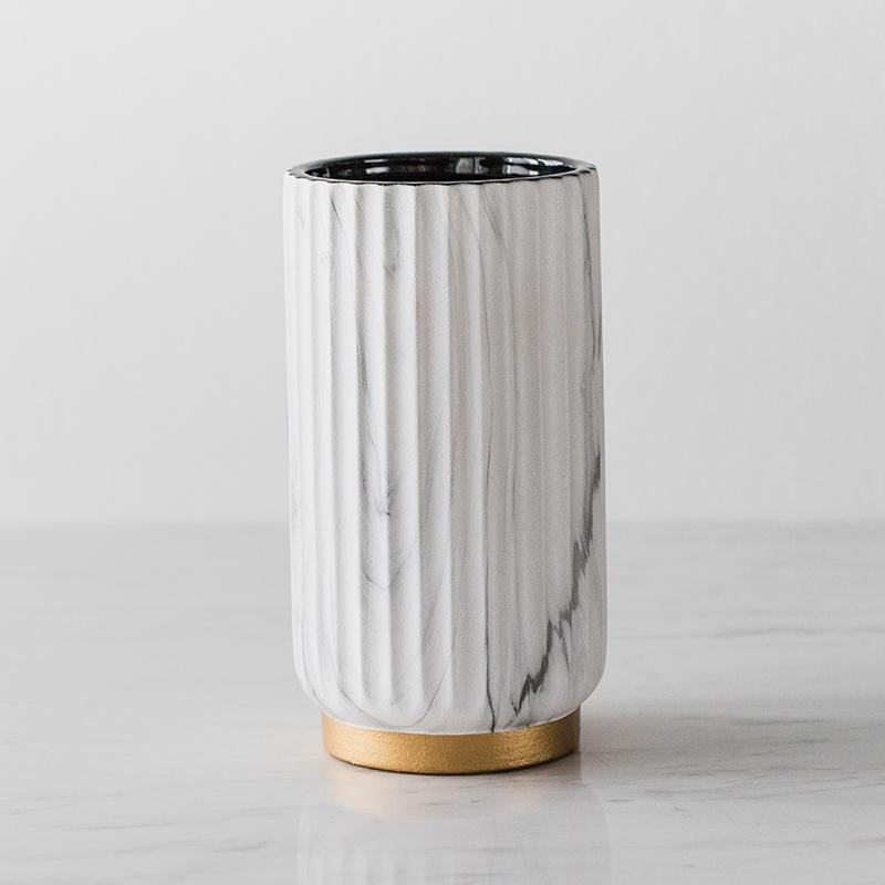 Ceramic Cylinder White  Flower Vases with Marbled Vertical Edge Pattern - Home Decor > Home Accessories > Vases - DINIBLO 