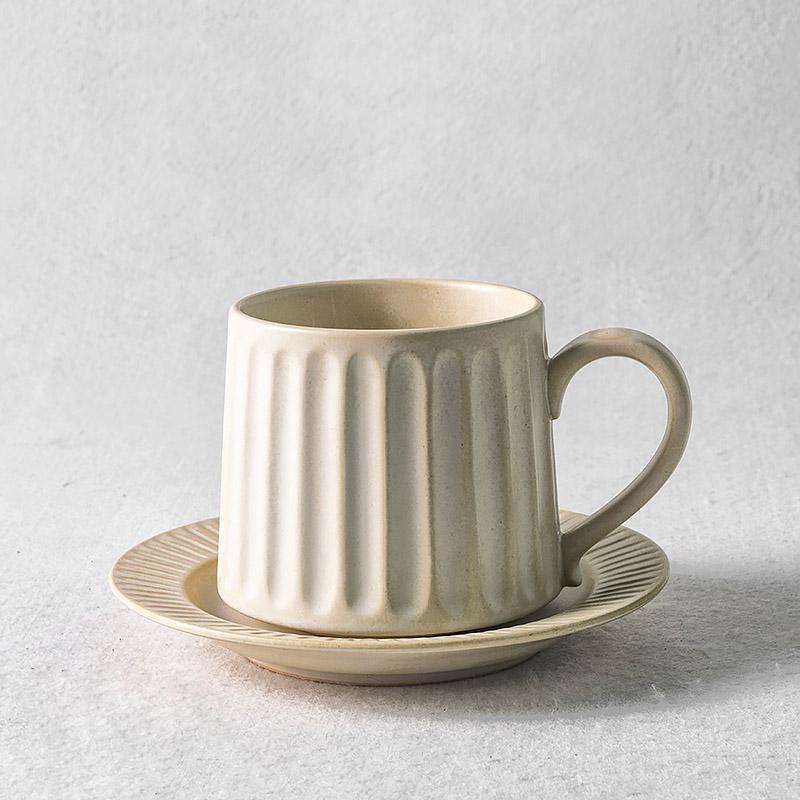 Gray Beige Ribbed Finish Stoneware Mug Coffee Cup Teacup and Saucer - Home Decor > Storage Containers > Cups & Bowls & Spoons - DINIBLO 