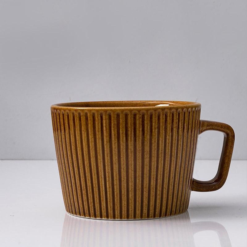 Stoneware Striped Coffee Latte Mug with Spoon Rattan Coaster - Home Decor > Storage Containers > Cups & Bowls & Spoons - DINIBLO 