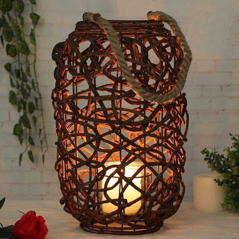 Farmhouse Vintage Garden Floor Wicker Woven Lantern with Sing Rope Handle - Home Decor > Candle holders & Lanterns > Lanterns - DINIBLO 