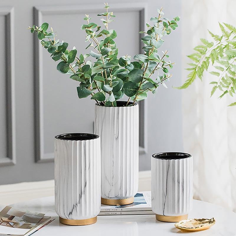 Ceramic Cylinder White  Flower Vases with Marbled Vertical Edge Pattern - Home Decor > Home Accessories > Vases - DINIBLO 