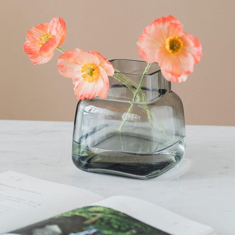 Square Wide-Mouth Gray Glass Flower Vases Decorative Bud Vases - Home Decor > Home Accessories > Vases - DINIBLO 