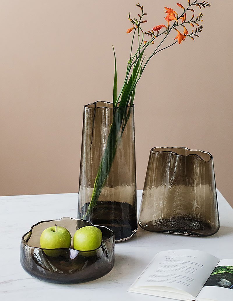 Brown Cylinder Table Glass Vases with Plum Blossom Wide Mouth - Home Decor > Home Accessories > Vases - DINIBLO 