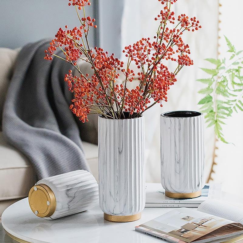 Ceramic Cylinder White  Flower Vases with Marbled Vertical Edge Pattern - Home Decor > Home Accessories > Vases - DINIBLO 