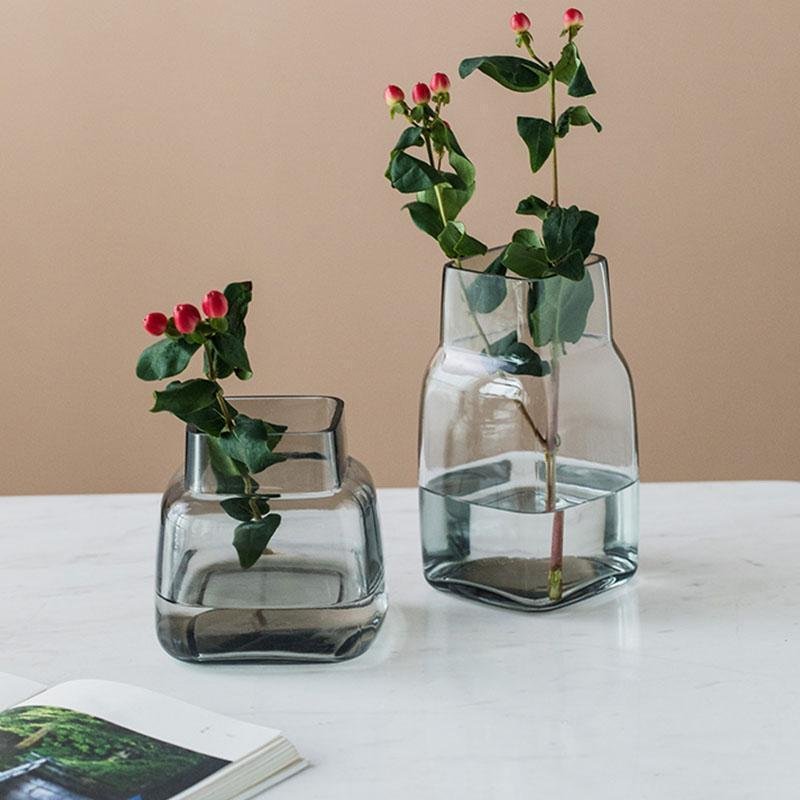 Square Wide-Mouth Gray Glass Flower Vases Decorative Bud Vases - Home Decor > Home Accessories > Vases - DINIBLO 