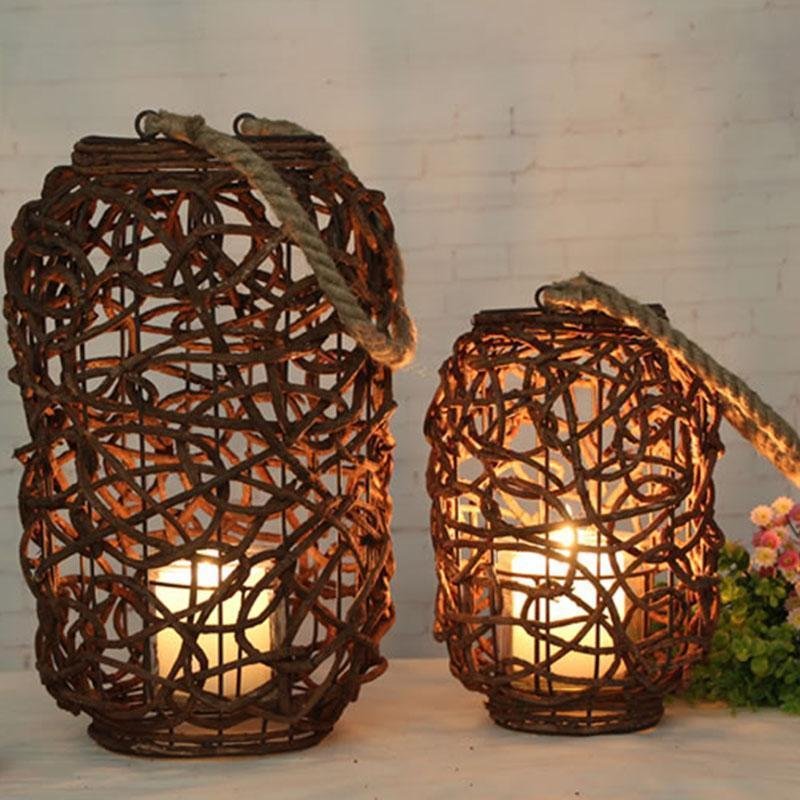 Farmhouse Vintage Garden Floor Wicker Woven Lantern with Sing Rope Handle - Home Decor > Candle holders & Lanterns > Lanterns - DINIBLO 