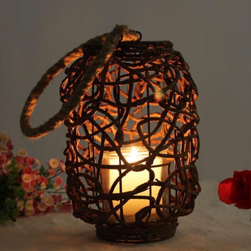 Farmhouse Vintage Garden Floor Wicker Woven Lantern with Sing Rope Handle - Home Decor > Candle holders & Lanterns > Lanterns - DINIBLO 