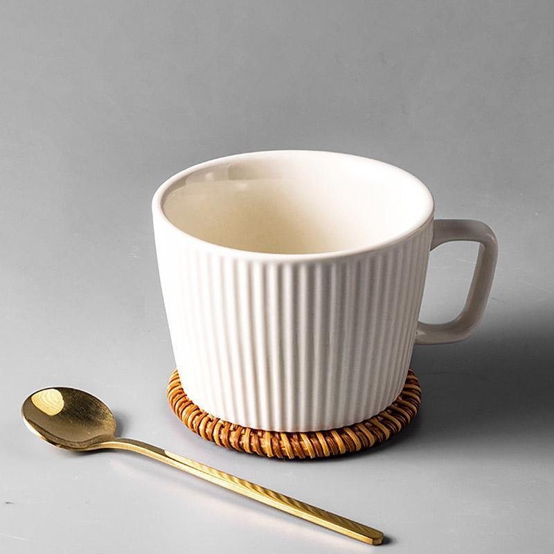 Stoneware Striped Coffee Latte Mug with Spoon Rattan Coaster - Home Decor > Storage Containers > Cups & Bowls & Spoons - DINIBLO 