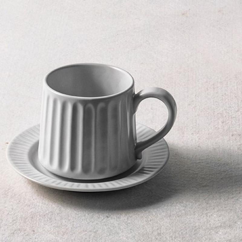 Gray Beige Ribbed Finish Stoneware Mug Coffee Cup Teacup and Saucer - Home Decor > Storage Containers > Cups & Bowls & Spoons - DINIBLO 