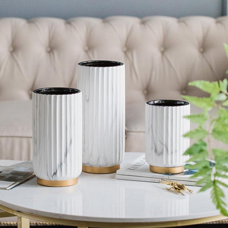 Ceramic Cylinder White  Flower Vases with Marbled Vertical Edge Pattern - Home Decor > Home Accessories > Vases - DINIBLO 