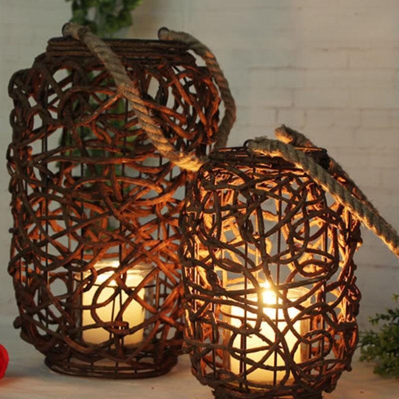 Farmhouse Vintage Garden Floor Wicker Woven Lantern with Sing Rope Handle - Home Decor > Candle holders & Lanterns > Lanterns - DINIBLO 