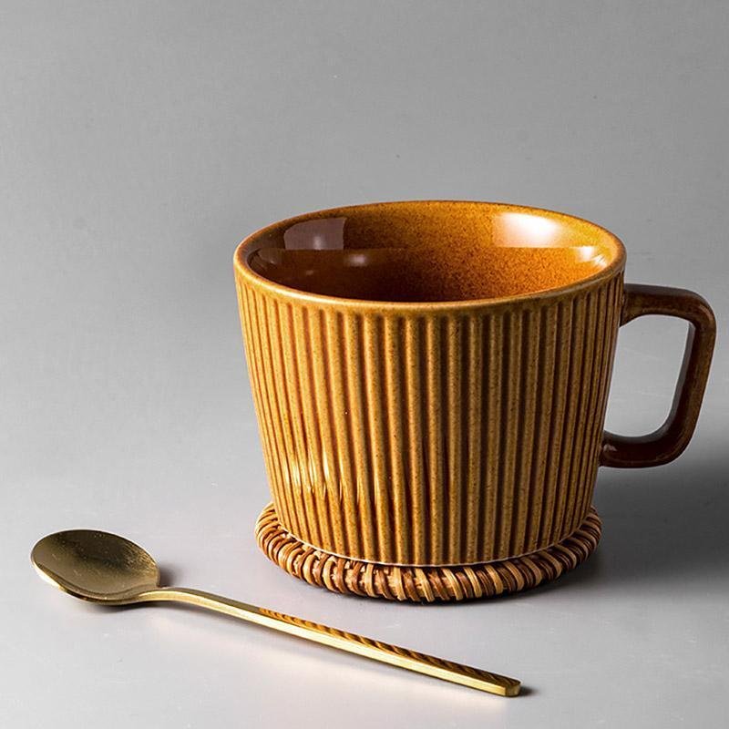 Stoneware Striped Coffee Latte Mug with Spoon Rattan Coaster - Home Decor > Storage Containers > Cups & Bowls & Spoons - DINIBLO 