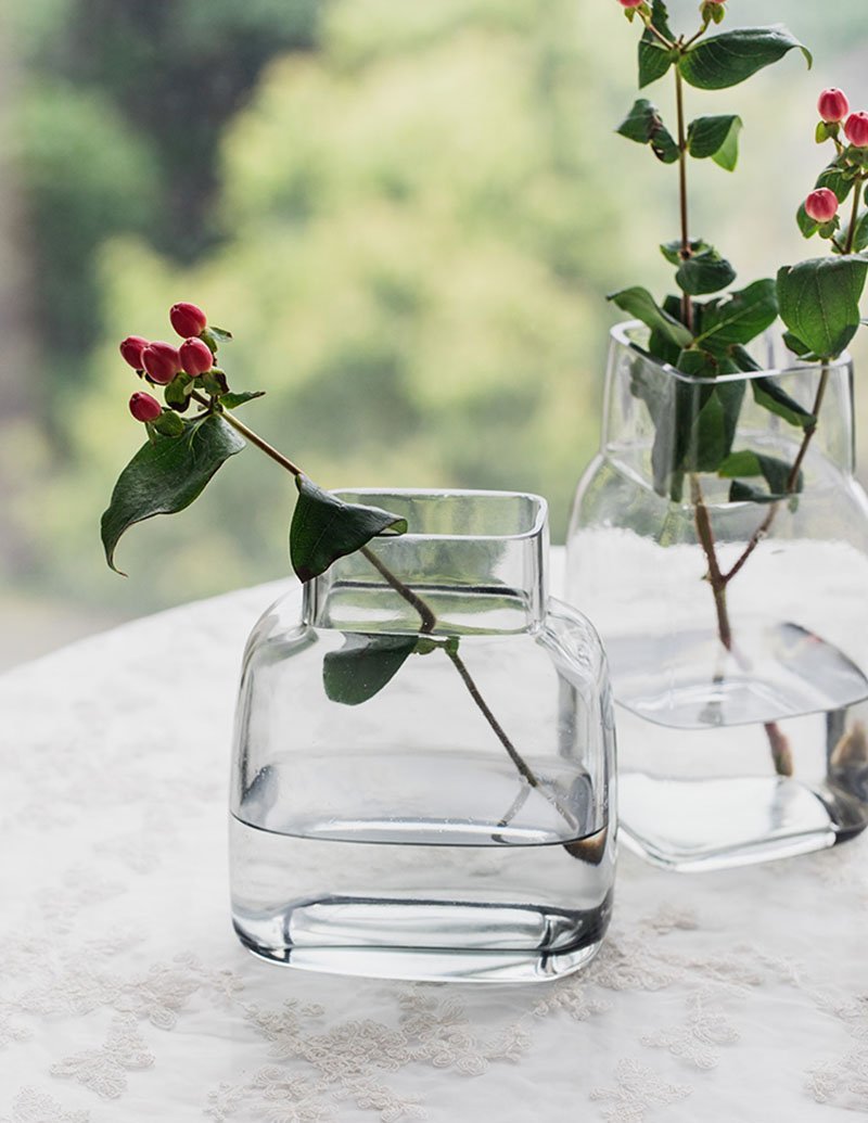 Square Wide-Mouth Gray Glass Flower Vases Decorative Bud Vases - Home Decor > Home Accessories > Vases - DINIBLO 