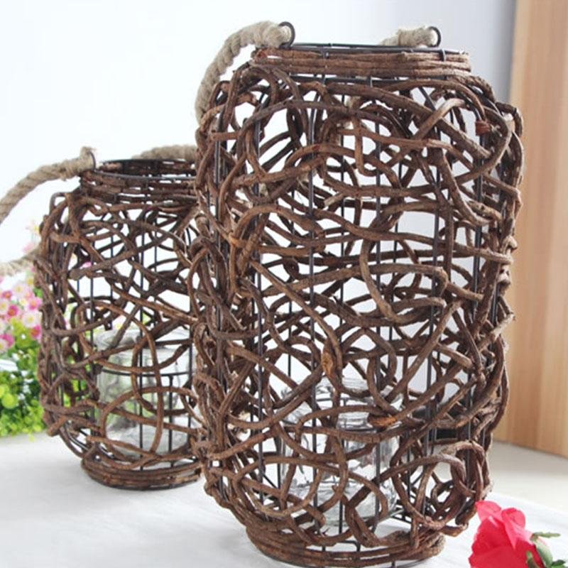 Farmhouse Vintage Garden Floor Wicker Woven Lantern with Sing Rope Handle - Home Decor > Candle holders & Lanterns > Lanterns - DINIBLO 