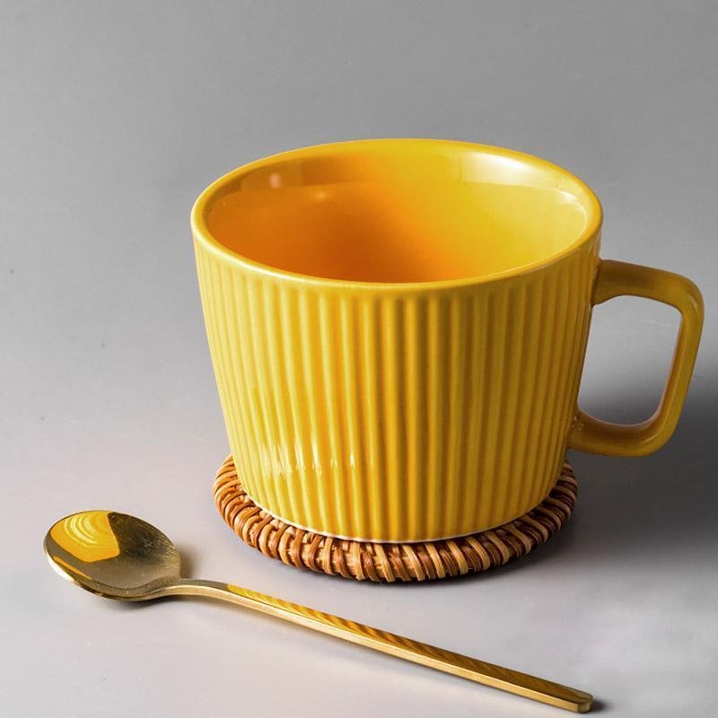 Stoneware Striped Coffee Latte Mug with Spoon Rattan Coaster - Home Decor > Storage Containers > Cups & Bowls & Spoons - DINIBLO 