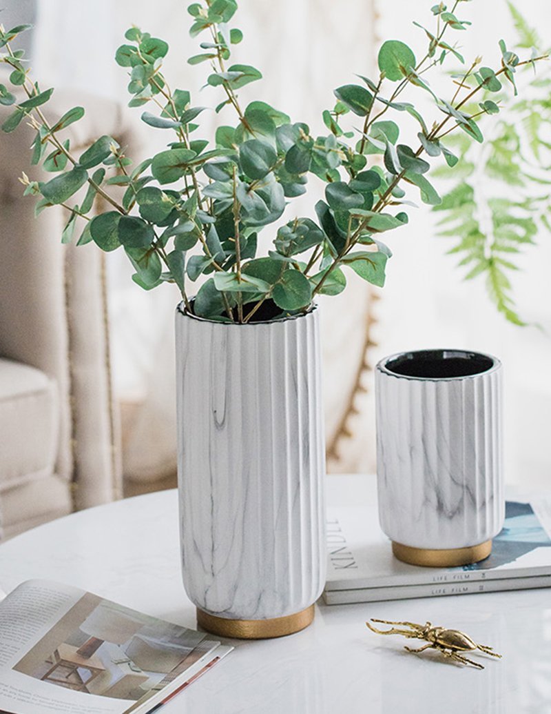 Ceramic Cylinder White  Flower Vases with Marbled Vertical Edge Pattern - Home Decor > Home Accessories > Vases - DINIBLO 