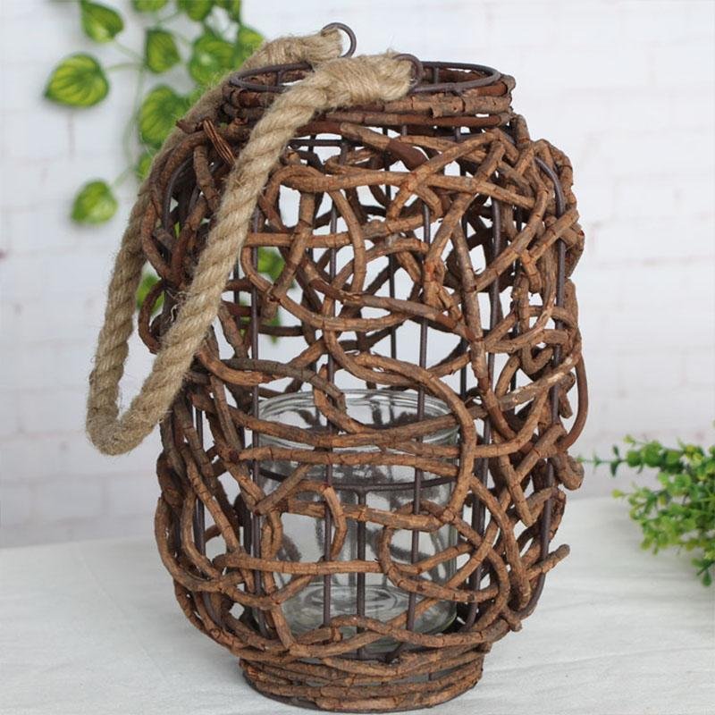 Farmhouse Vintage Garden Floor Wicker Woven Lantern with Sing Rope Handle - Home Decor > Candle holders & Lanterns > Lanterns - DINIBLO 