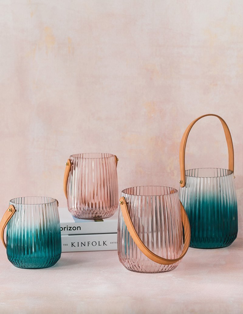 Cylinder Basket Shape Glass Pink Gray Blue Vases with Handle - Home Decor > Home Accessories > Vases - DINIBLO 