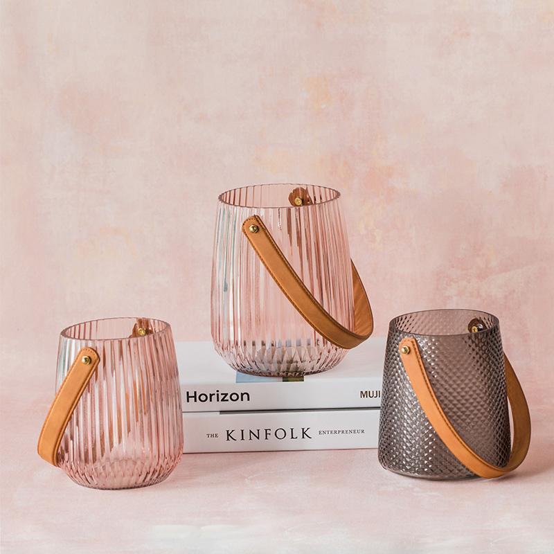 Cylinder Basket Shape Glass Pink Gray Blue Vases with Handle - Home Decor > Home Accessories > Vases - DINIBLO 