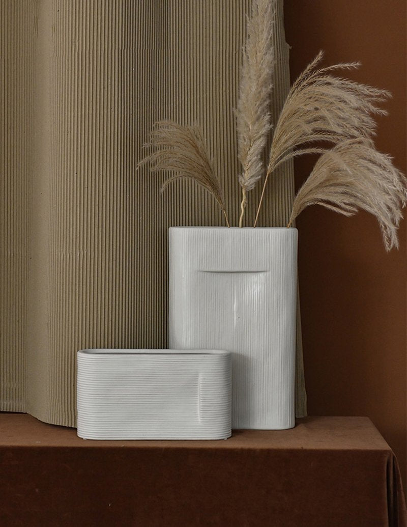 2- Piece Oval White Stripe Ceramic Flower Vases - Home Decor > Home Accessories > Vases - DINIBLO 