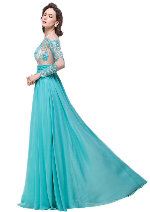 A-line Floor-length Long-Sleeve Crew Sash Formal Dresses - Prom Dresses - DINIBLO 