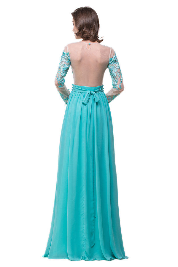 A-line Floor-length Long-Sleeve Crew Sash Formal Dresses - Prom Dresses - DINIBLO 