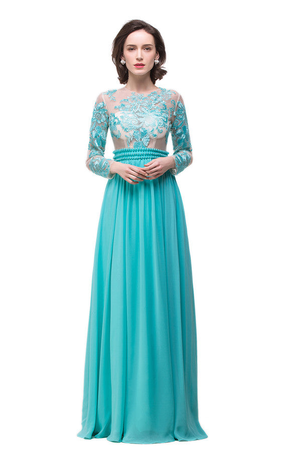 A-line Floor-length Long-Sleeve Crew Sash Formal Dresses - Prom Dresses - DINIBLO 