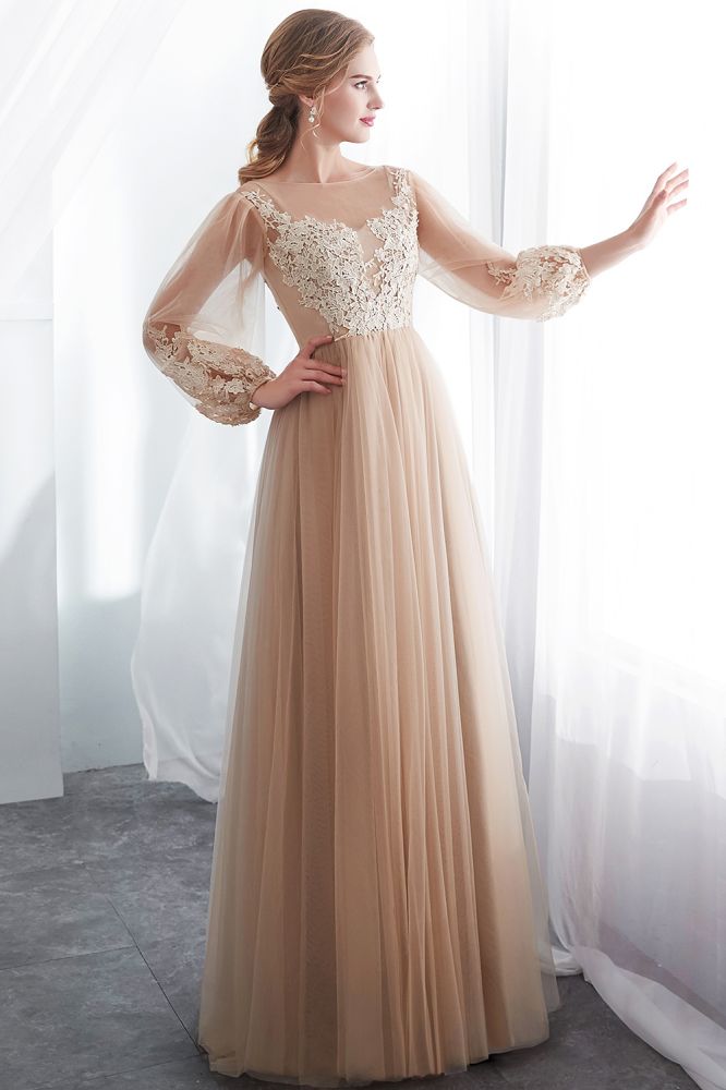 A-line Long Sleeves Appliques Tulle Champagne Evening Dress - Prom Dresses - DINIBLO 