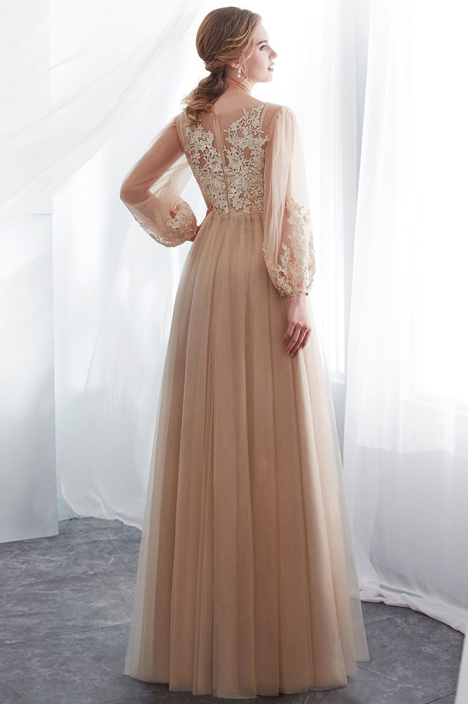 A-line Long Sleeves Appliques Tulle Champagne Evening Dress - Prom Dresses - DINIBLO 