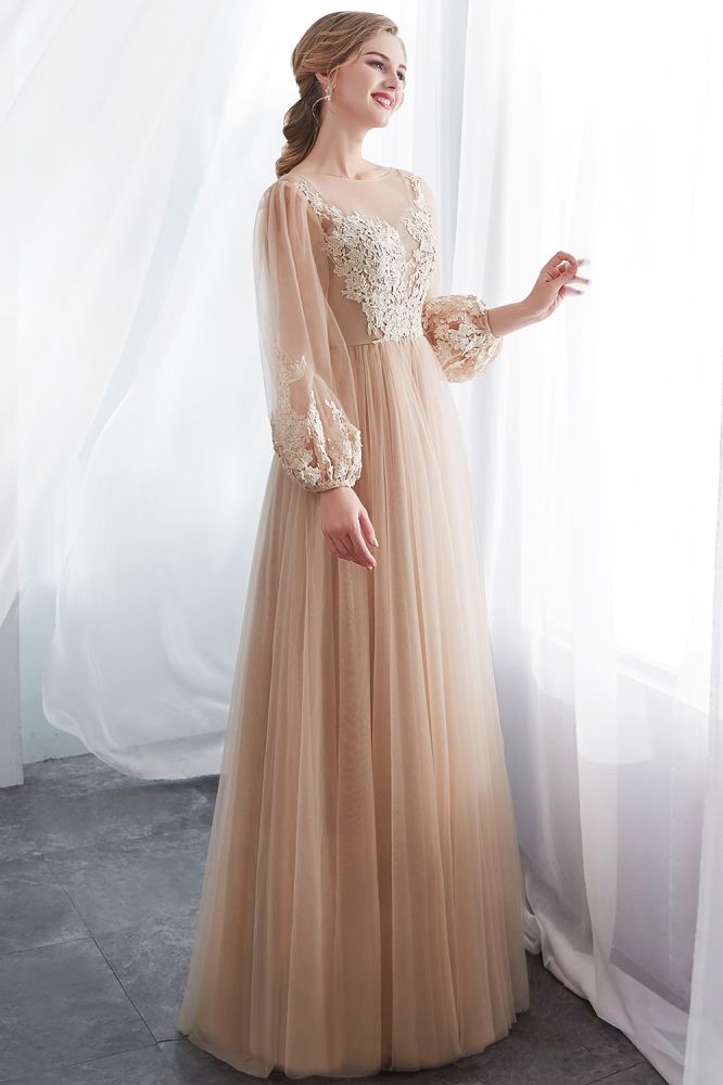 A-line Long Sleeves Appliques Tulle Champagne Evening Dress - Prom Dresses - DINIBLO 