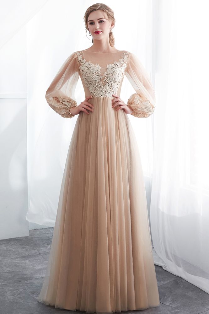 A-line Long Sleeves Appliques Tulle Champagne Evening Dress - Prom Dresses - DINIBLO 