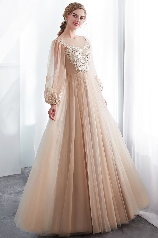 A-line Long Sleeves Appliques Tulle Champagne Evening Dress - Prom Dresses - DINIBLO 